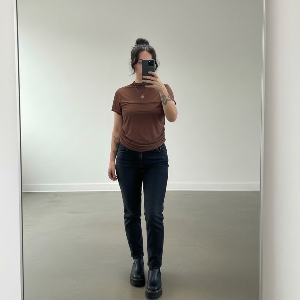 REORIA Brown Mesh Ruched Knit Short Sleeve Women's T-Shirt